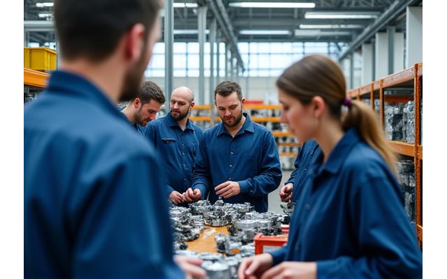 Team working together in a modern warehouse, surrounded by automotive parts, symbolizing efficiency and partnership.
