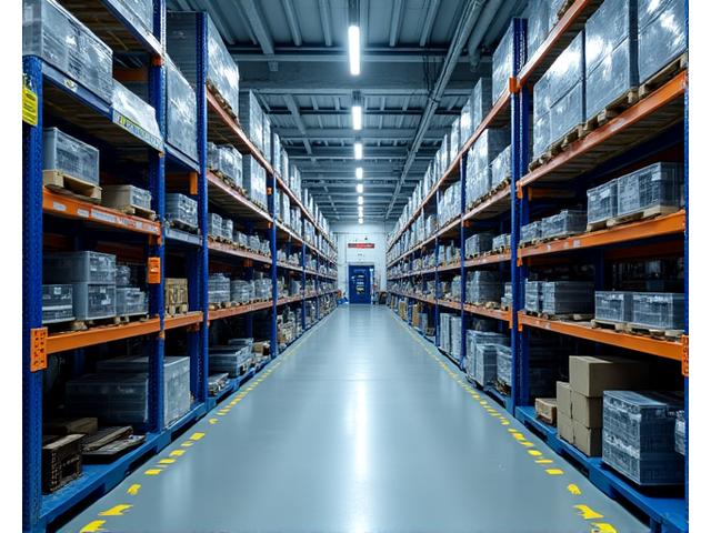 Clean, modern warehouse with shelving and equipment