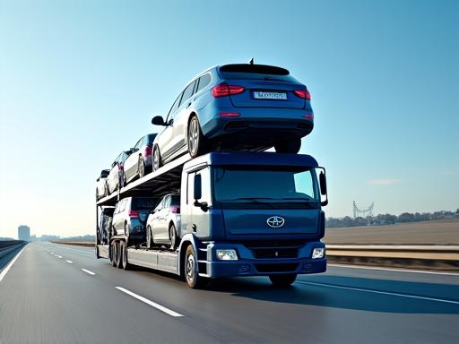 New cars being transported on a multi-level car carrier truck
